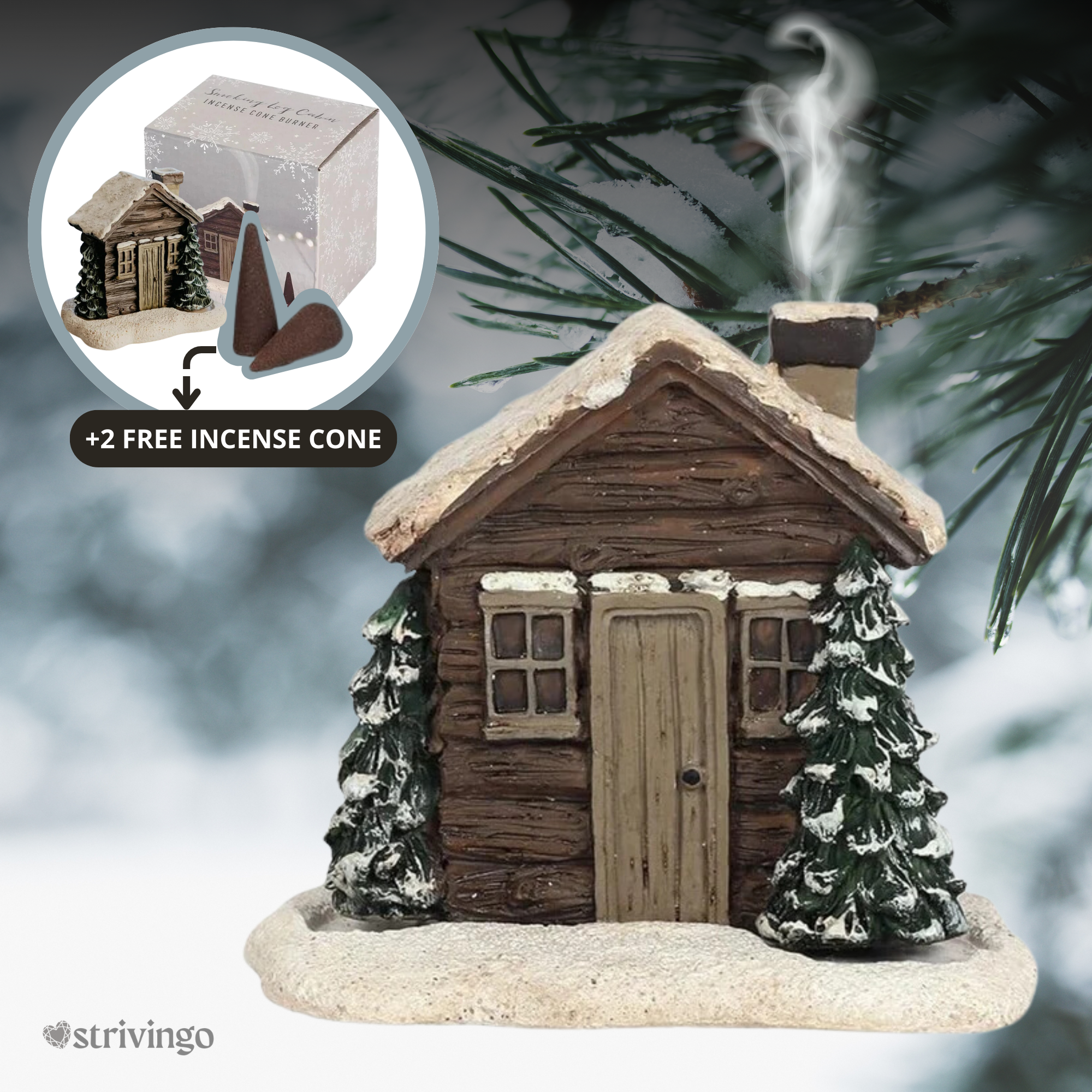 FrostyCab - snowy log cabin incense burner with 2 incense cones