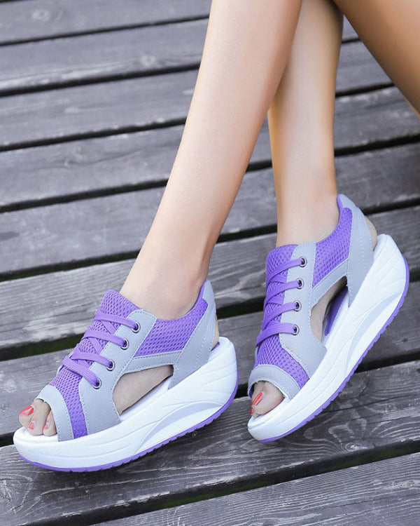 Women Contrast Paneled Cutout Lace-up Muffin Sandals