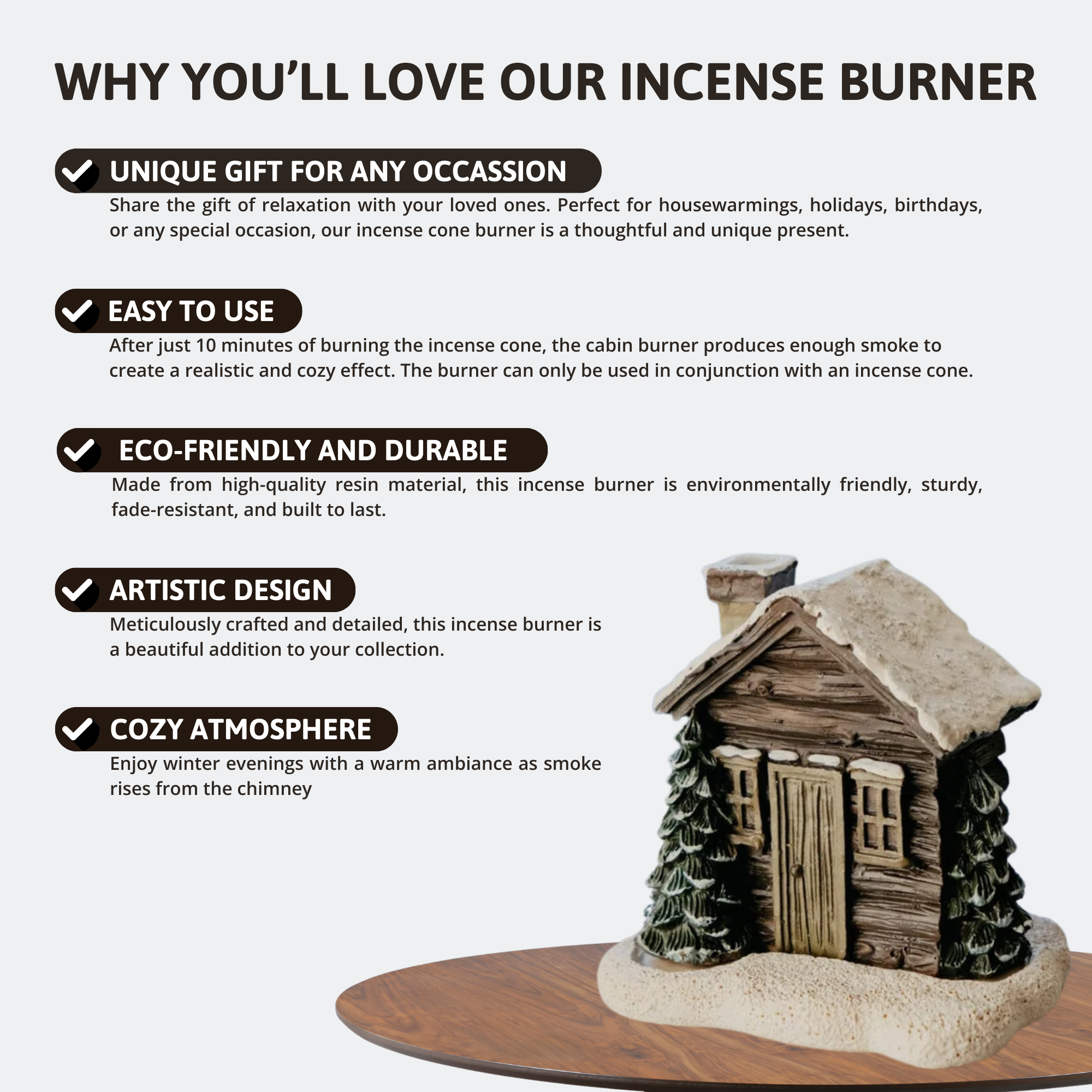 FrostyCab - snowy log cabin incense burner with 2 incense cones