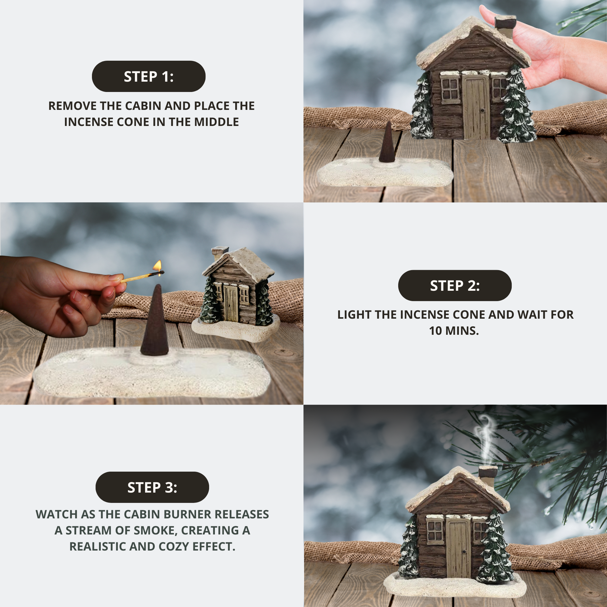 FrostyCab - snowy log cabin incense burner with 2 incense cones