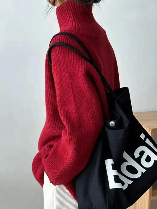 Scarlet™ - Red monochrome sweater with high neckline