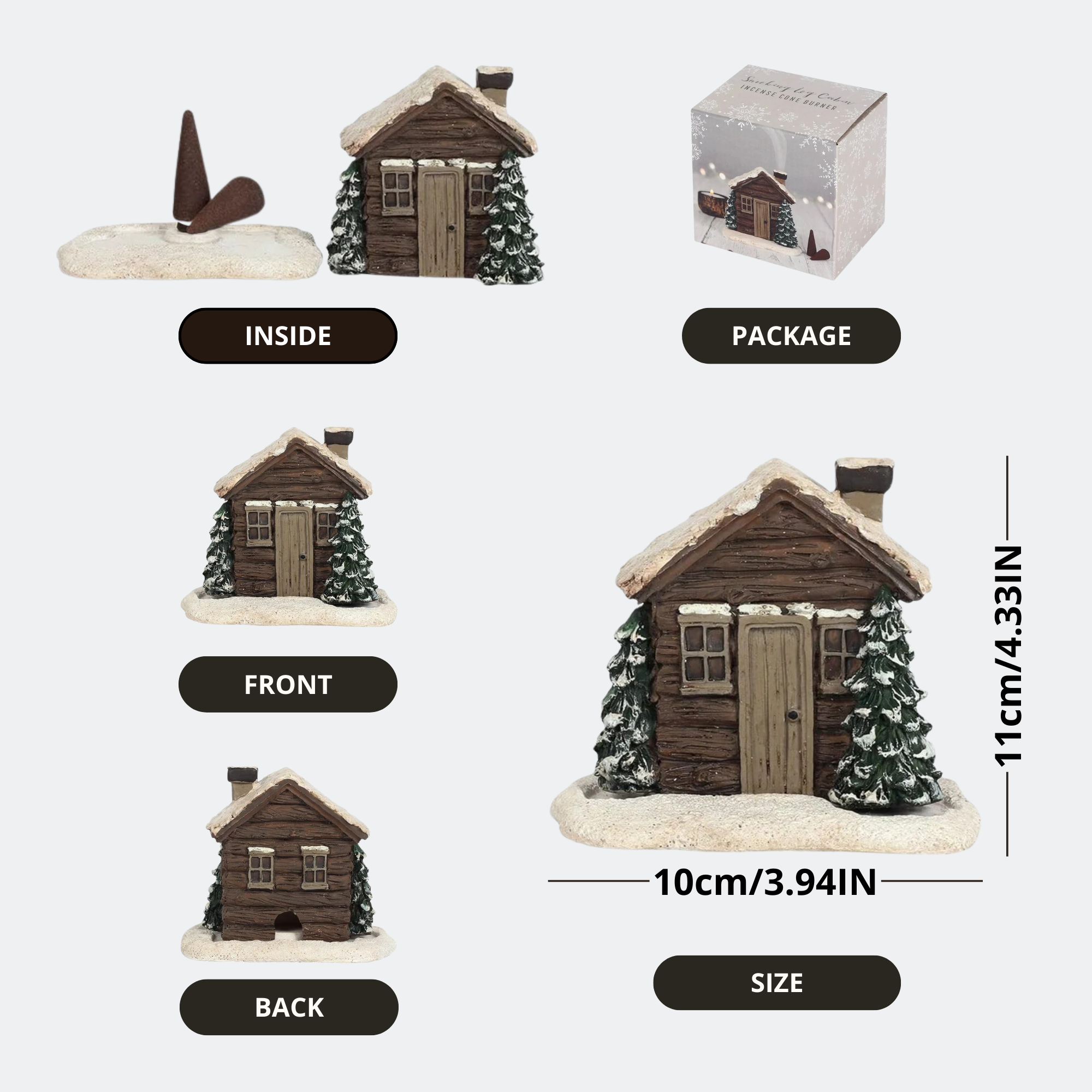 FrostyCab - snowy log cabin incense burner with 2 incense cones