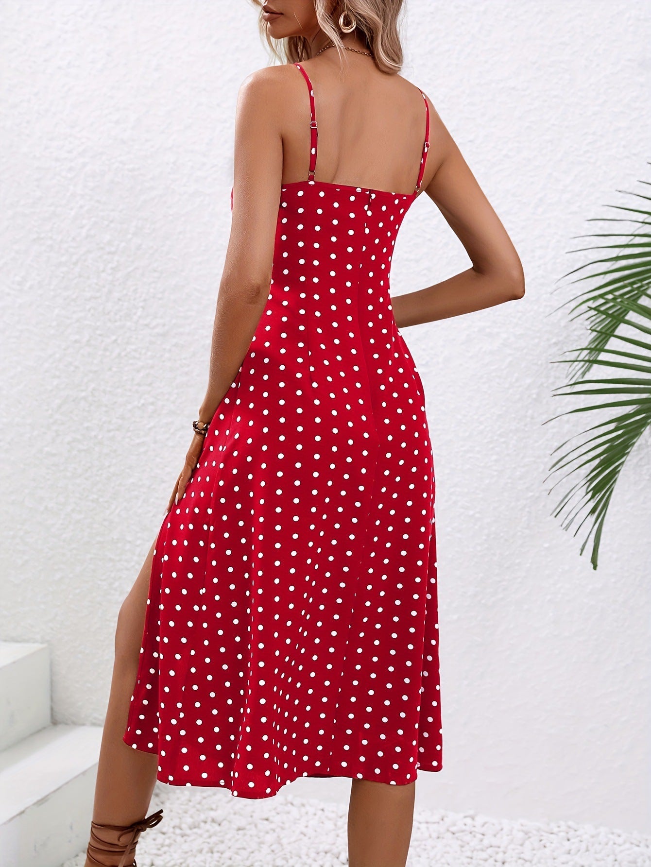 Vanya Polka Dot Print Maxi Dress with Sexy Slit and Suspender Straps